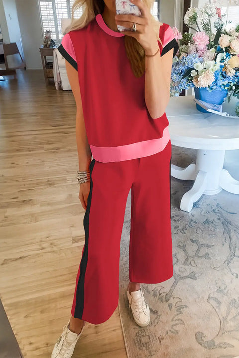 Colour block two piece set cap sleeve wide leg pants women uk
