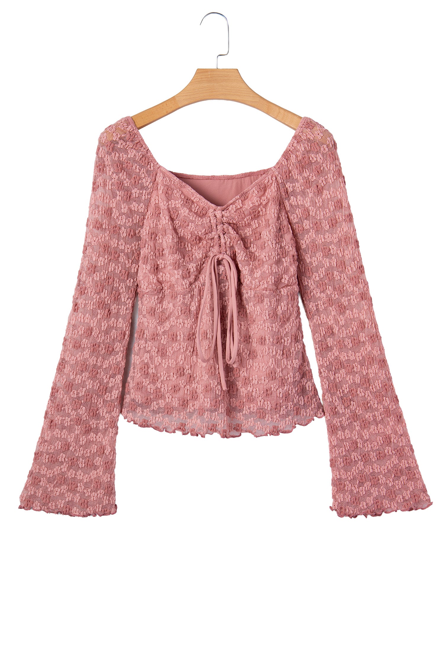 Pink Floral Lace Blouse | Bell Sleeve Square Neck Top