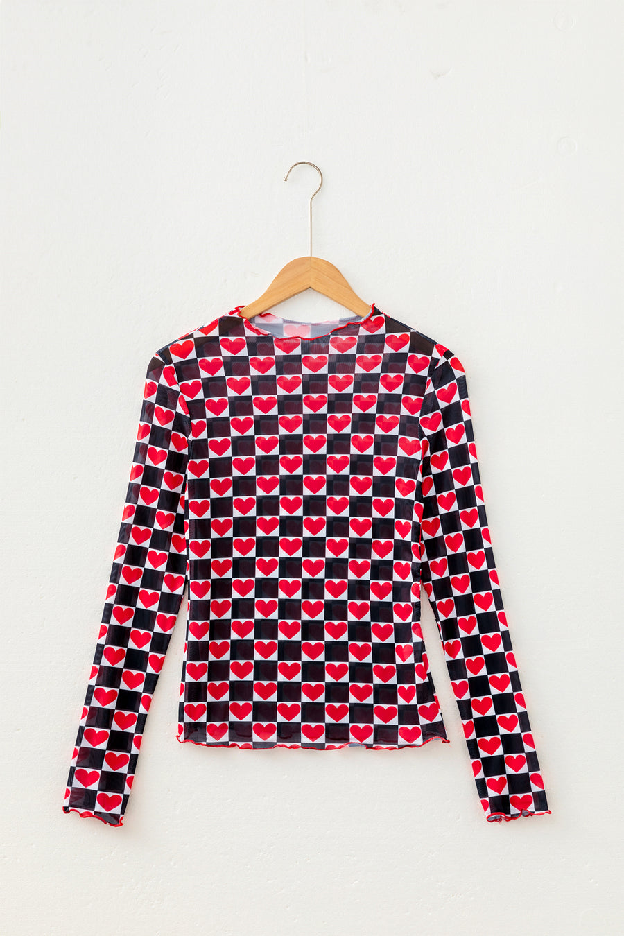 Plaid Heart Mesh Sheer Long Sleeve High Neck Blouse