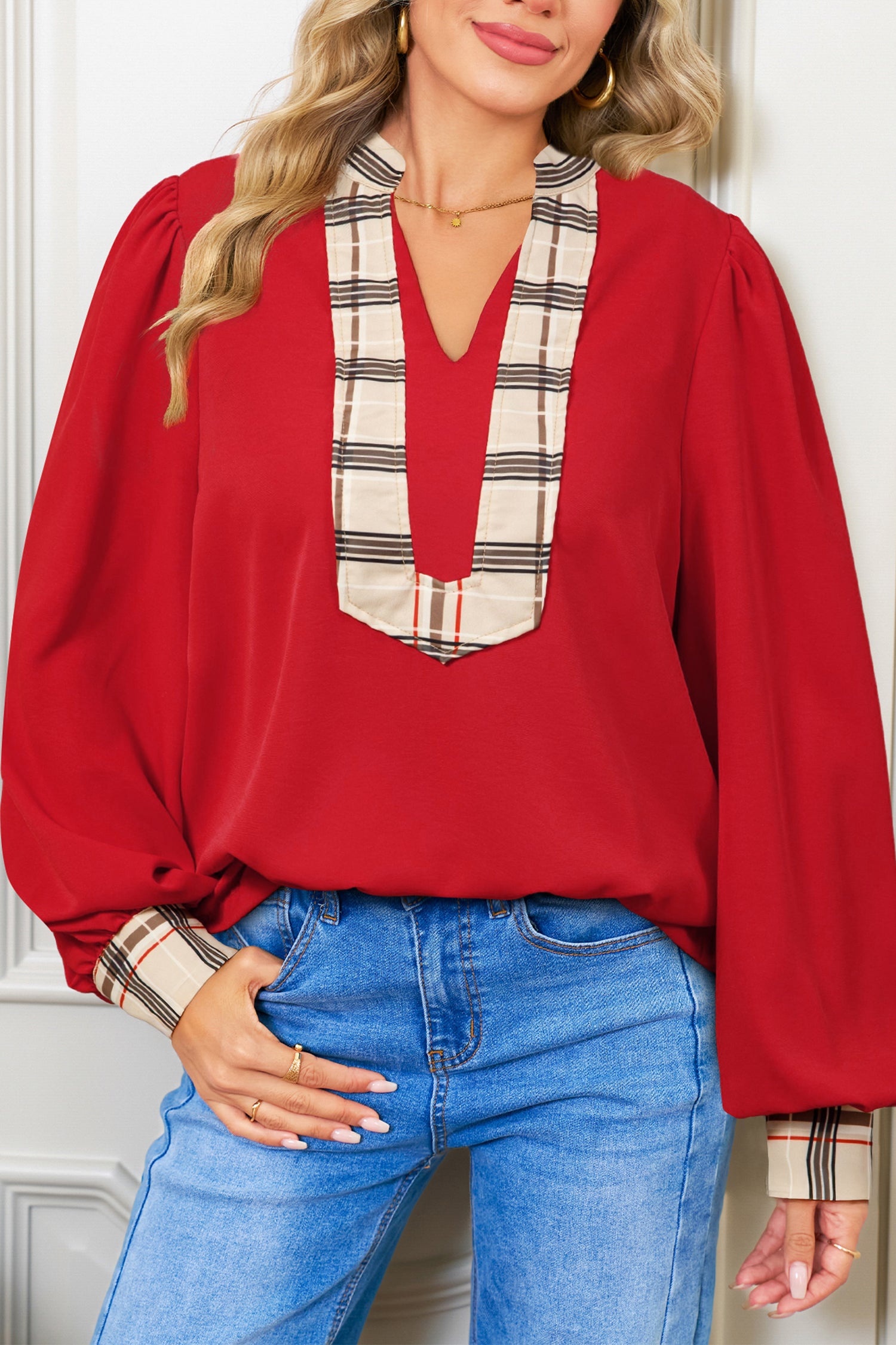 Red Tartan Fusion V‑Neck Blouse