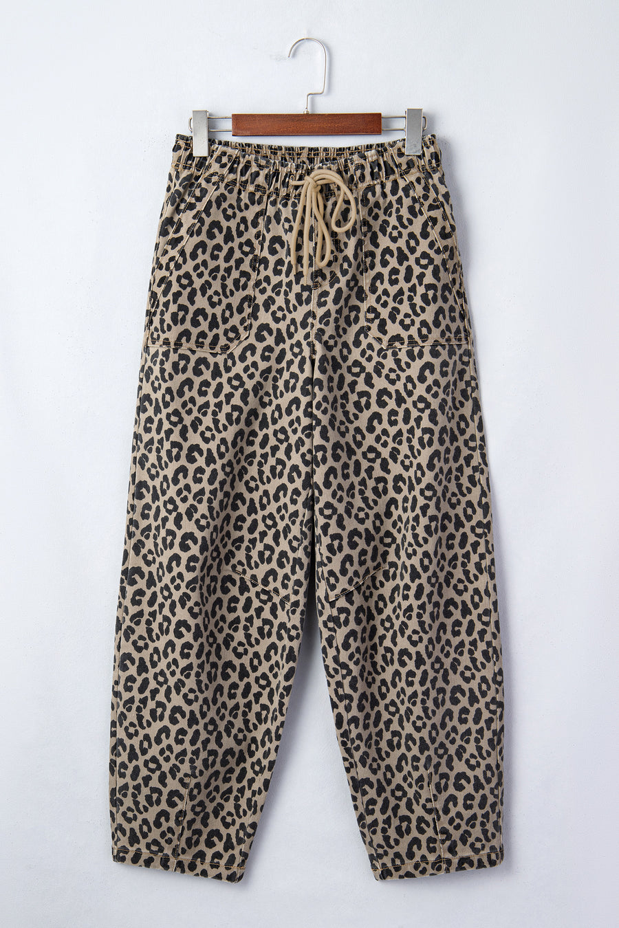 Leopard Print High Waist Drawstring Elastic Waist Loose Denim Jeans with Pockets