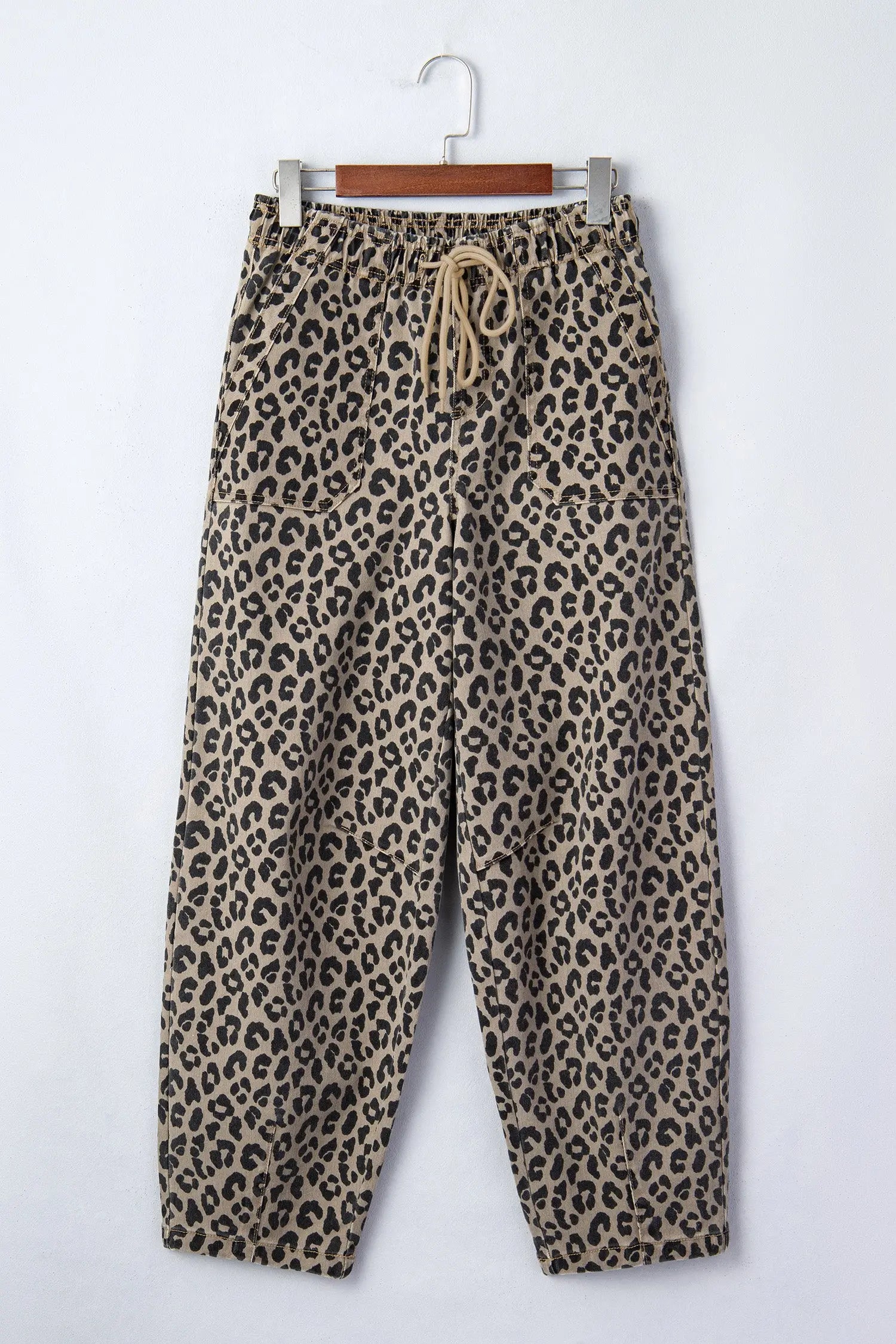 Khaki leopard print drawstring elastic waist loose denim pants with pockets
