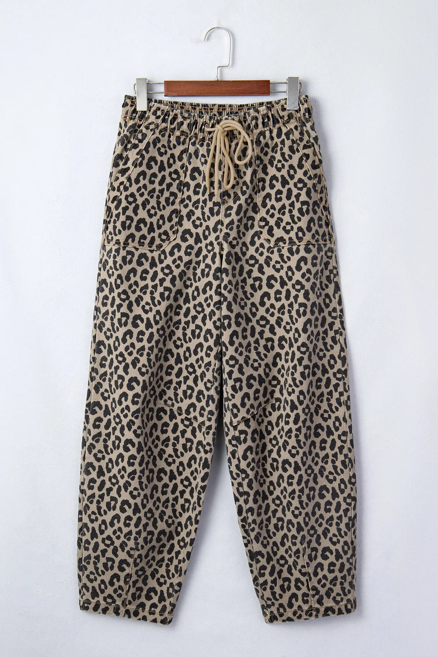 Khaki leopard print drawstring elastic waist loose denim pants with pockets