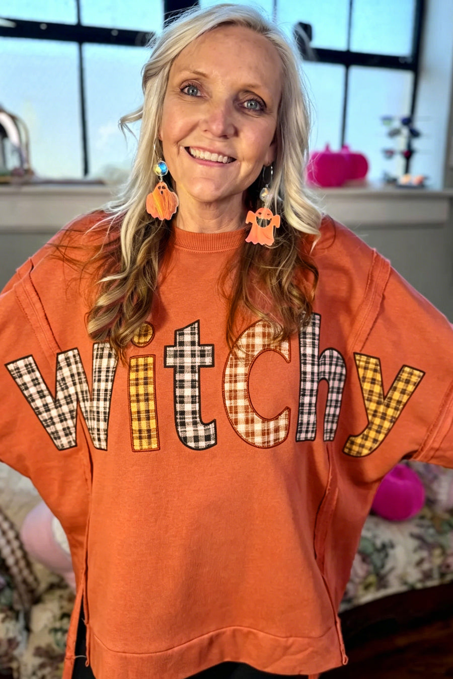 Halloween Witchy Plaid Slogan Embroidered Tunic Top