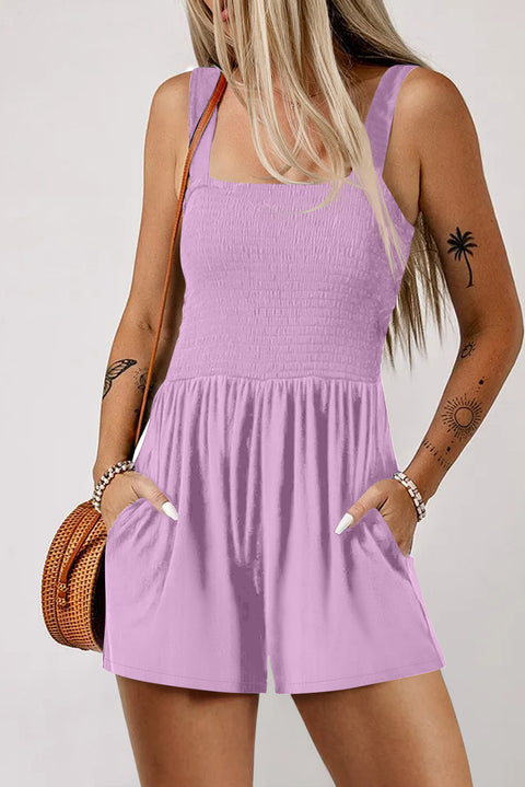Smocked Bodice Square Neck Sleeveless Romper Women UK