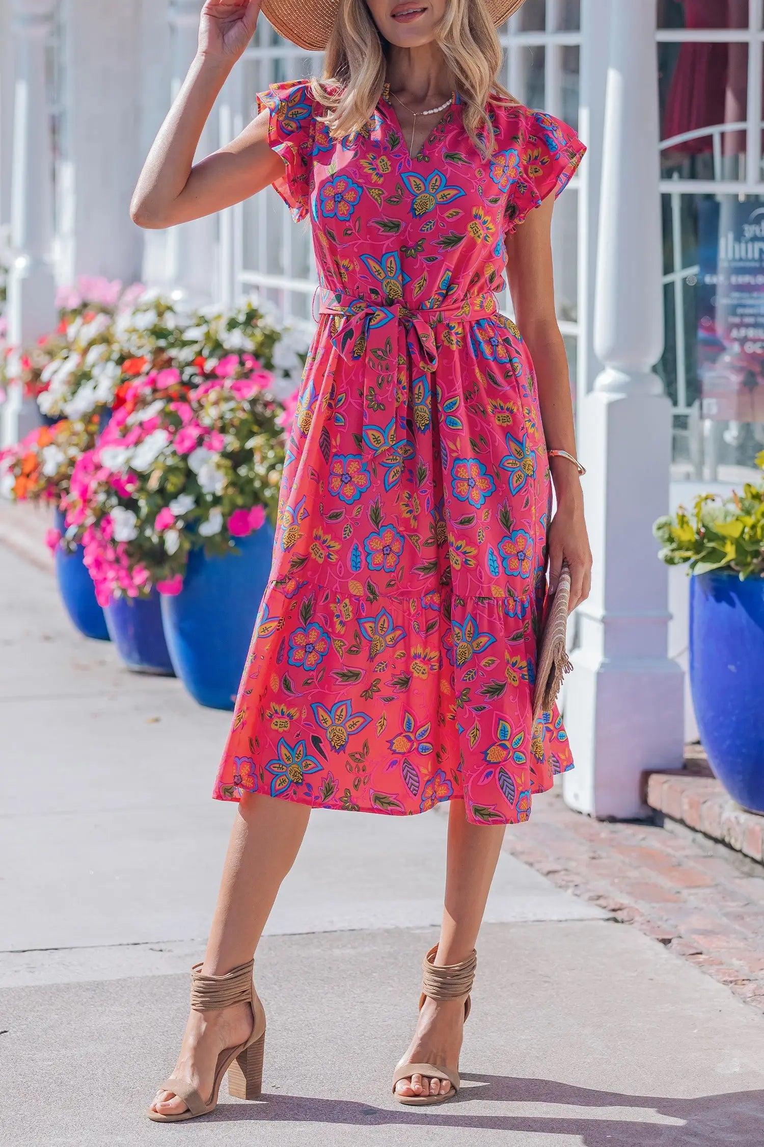 Rose flutter sleeve belted floral long midi dress