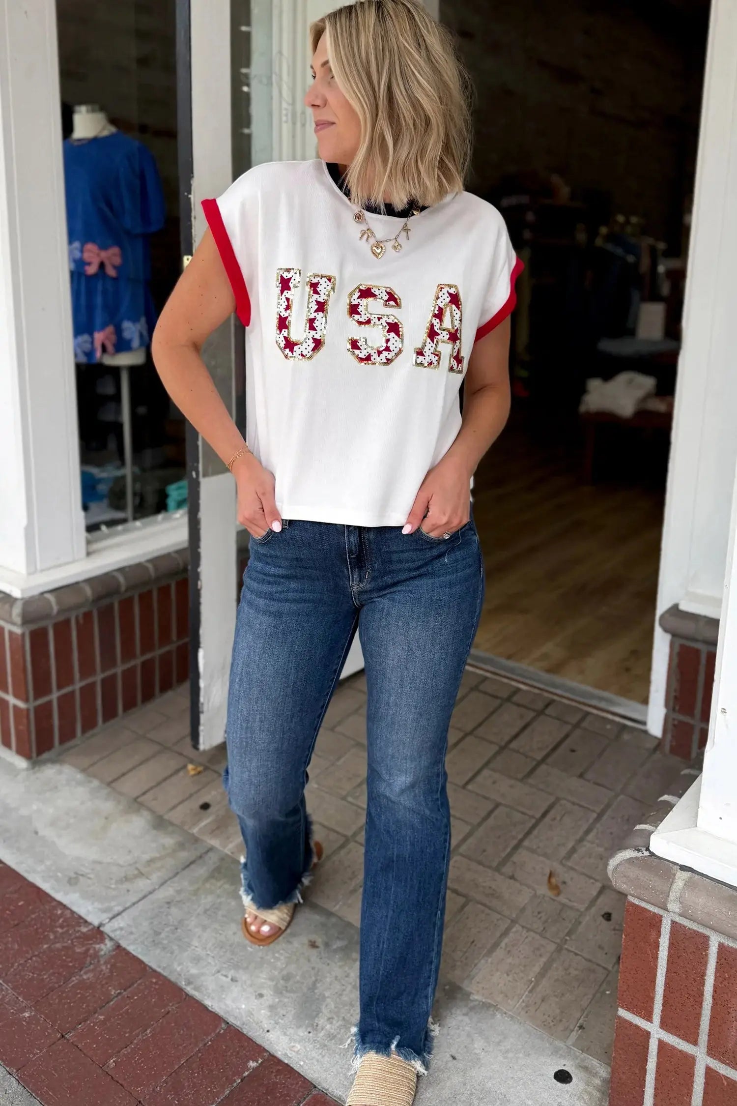 Women’s usa sequin colourblock letter print loose t-shirt t-shirts