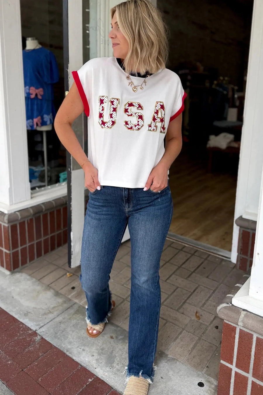 Women’s usa sequin colourblock letter print loose t-shirt t-shirts