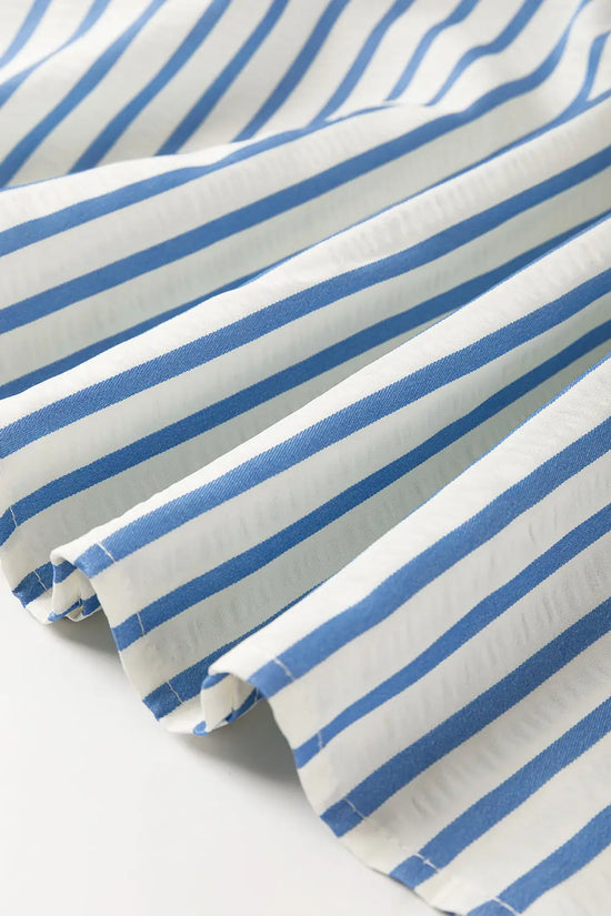 Sky blue stripe knotted sleeve notched shift mini dress