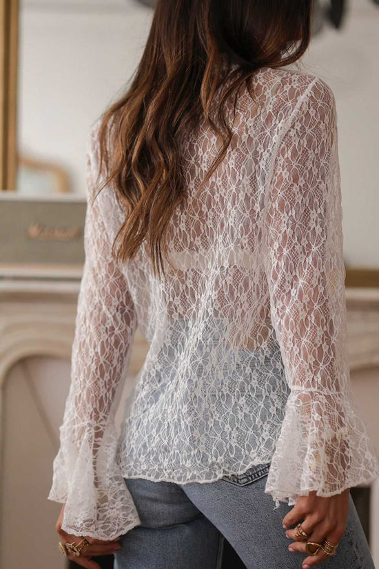 White Sheer Lace Bell Sleeve Blouse