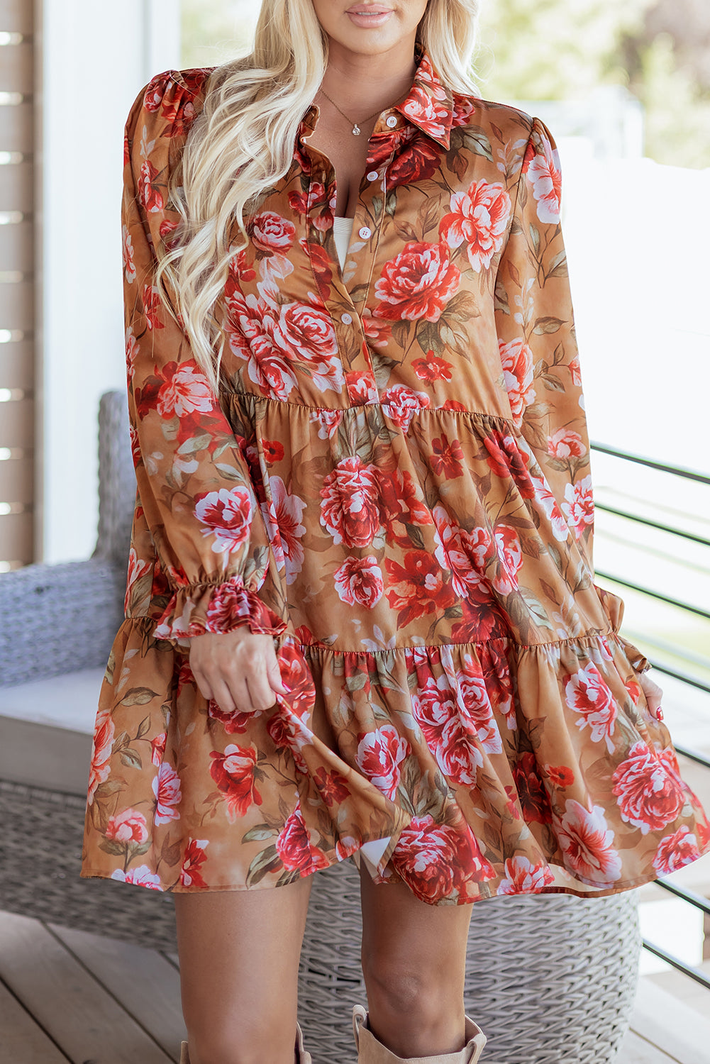 Retro Floral Ruffle Mini Dress