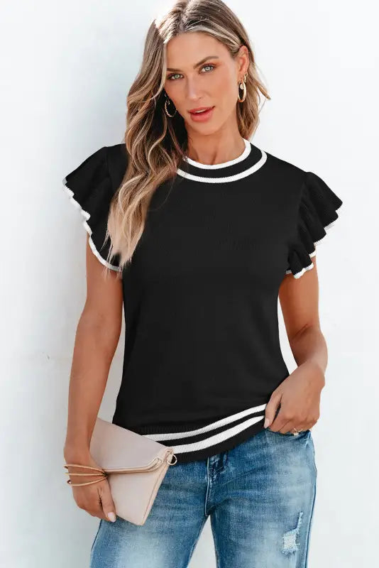 Edge piping knit top - ruffled sleeve