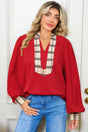 Red Tartan Fusion V-Neck Long Sleeve Blouse Women UK — front view showing bold red tartan check and V-neckline — Fashionfitz