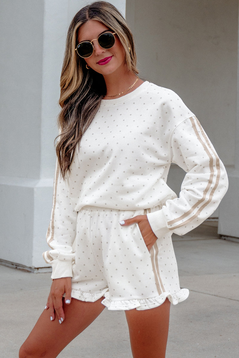 White Polka Dot Stripe Casual Sweatshirt & Shorts Set