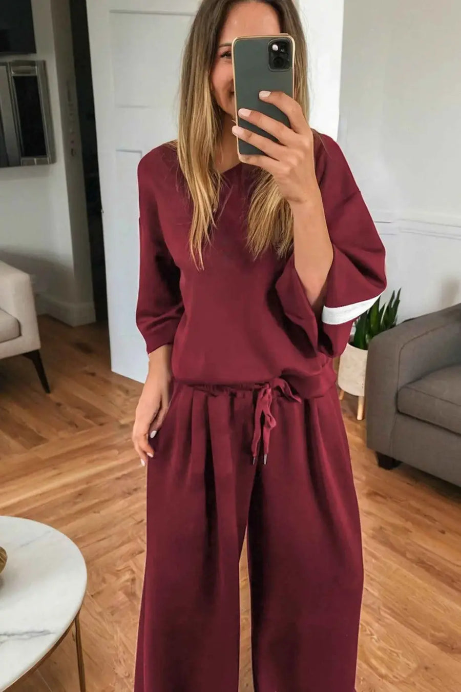 Co-ord knitted wide leg jogger with varsity stripes in burgundy