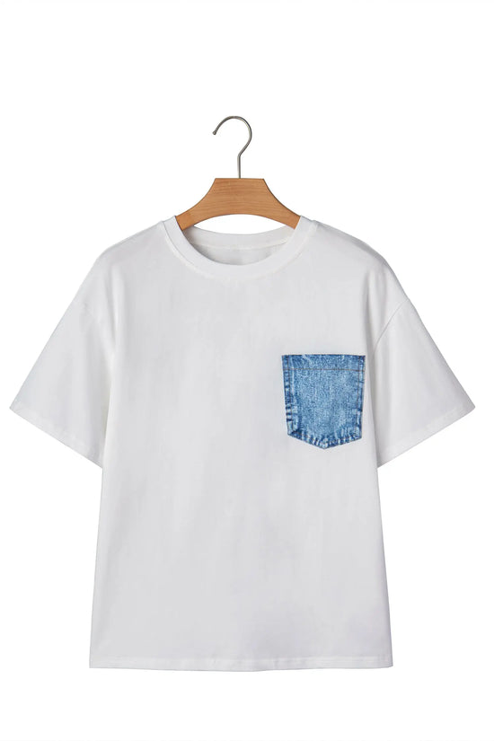Colour block patch pocket short sleeve top round neck tunic relaxed fit tunics