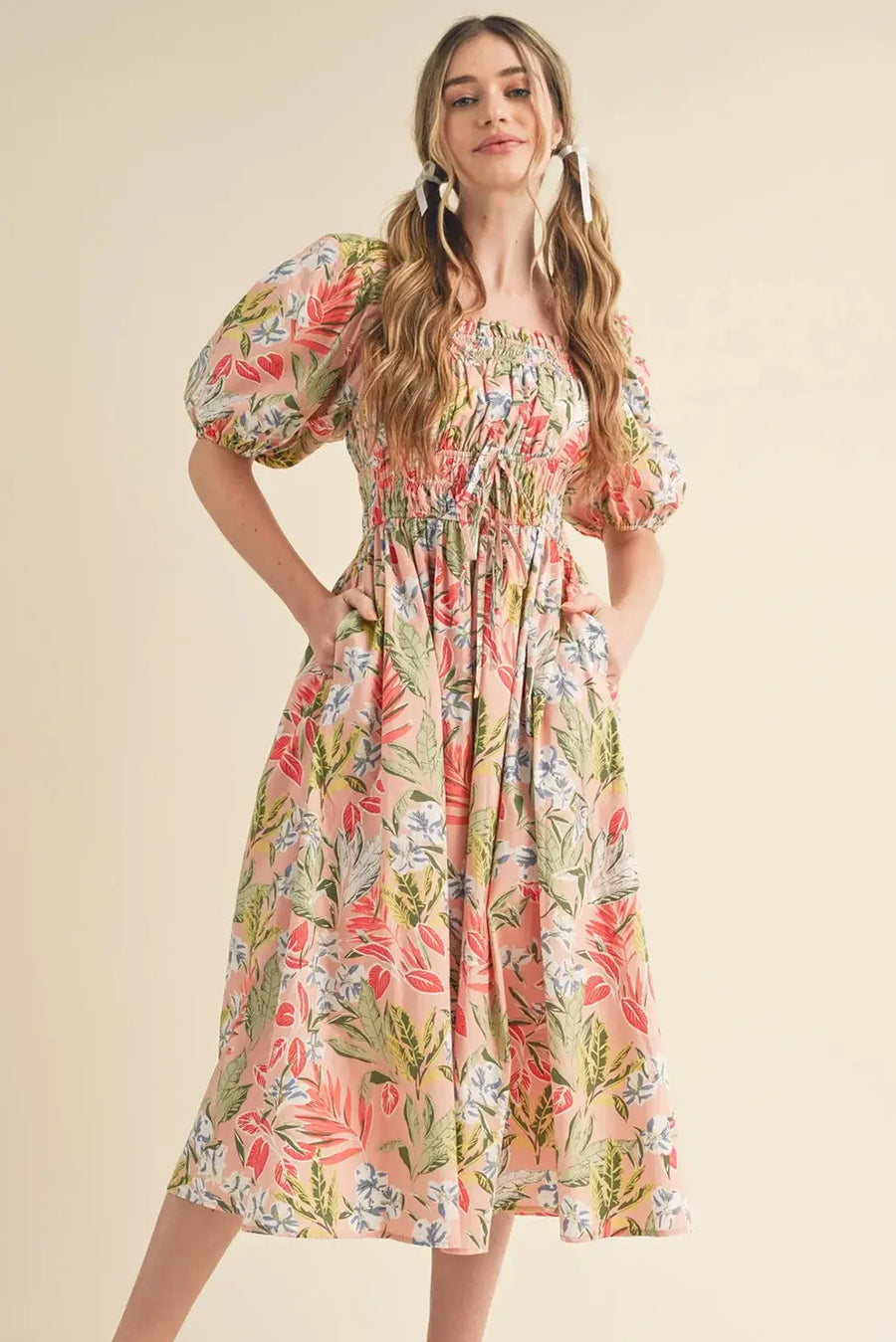 Apricot Pink Floral Smocked Bust Bubble Sleeve Maxi Dress Women UK
