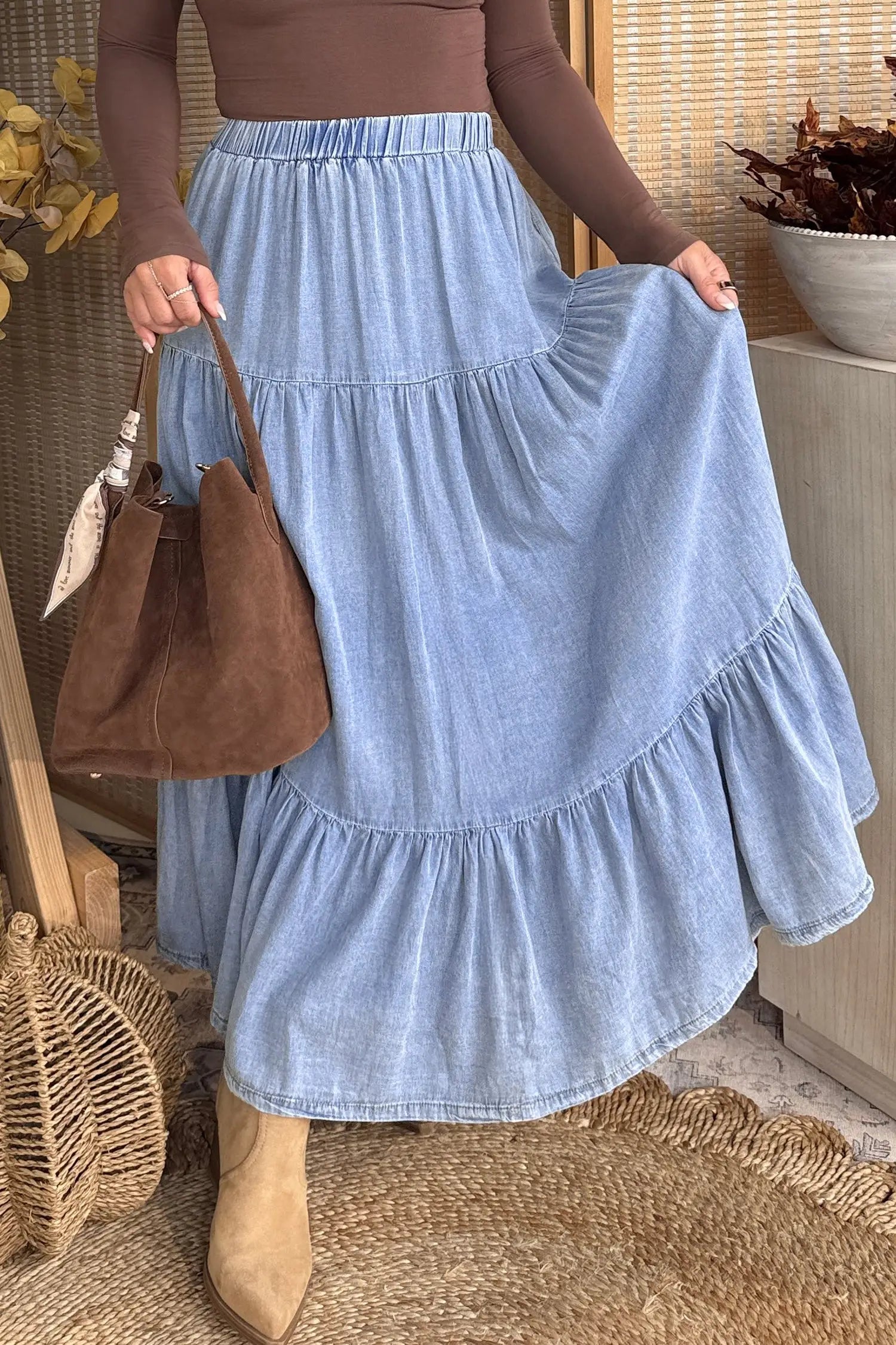 Elastic waist ruffled tiered maxi skirt lyocell side pockets beau blue skirts