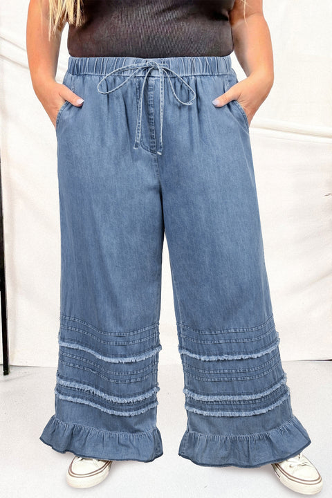 Plus Size Tiered Ruffled Wide Leg Denim Pants Women UK