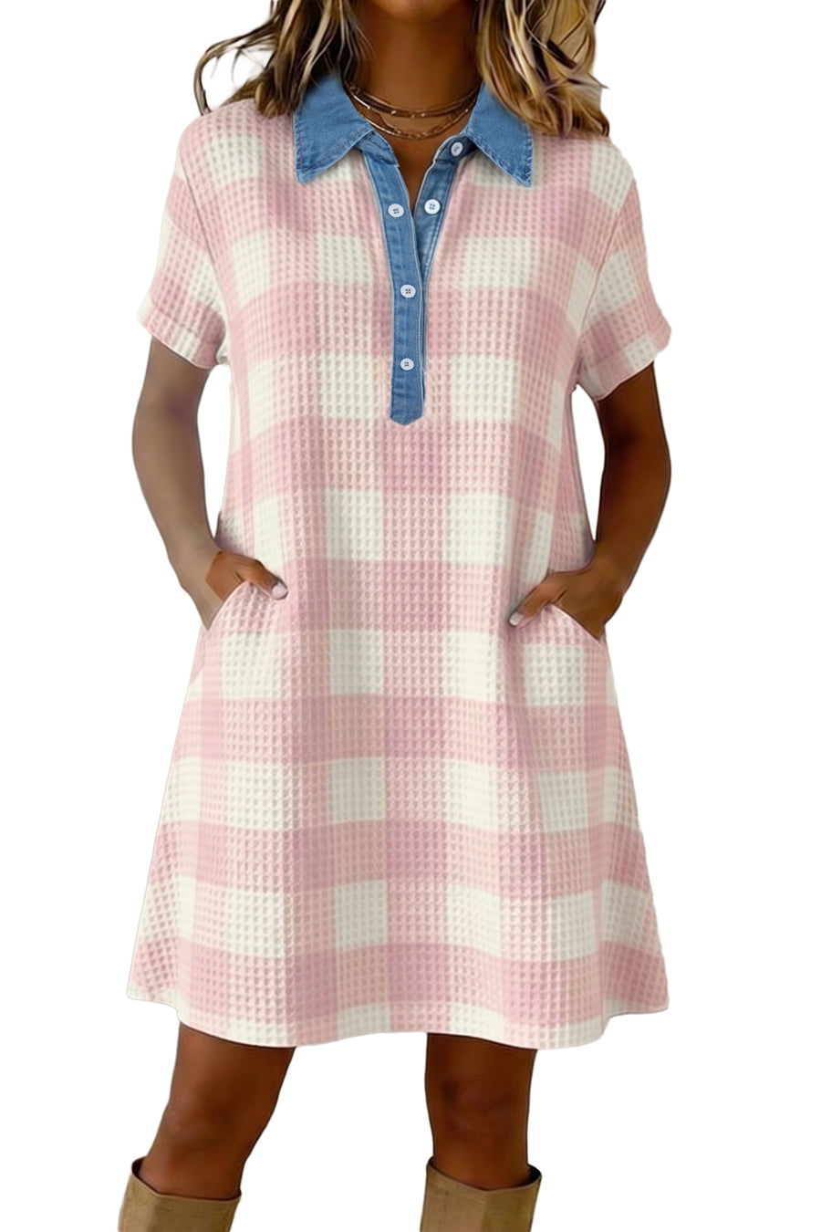 Waffle Plaid Denim Collar Buttoned Mini Dress Women UK