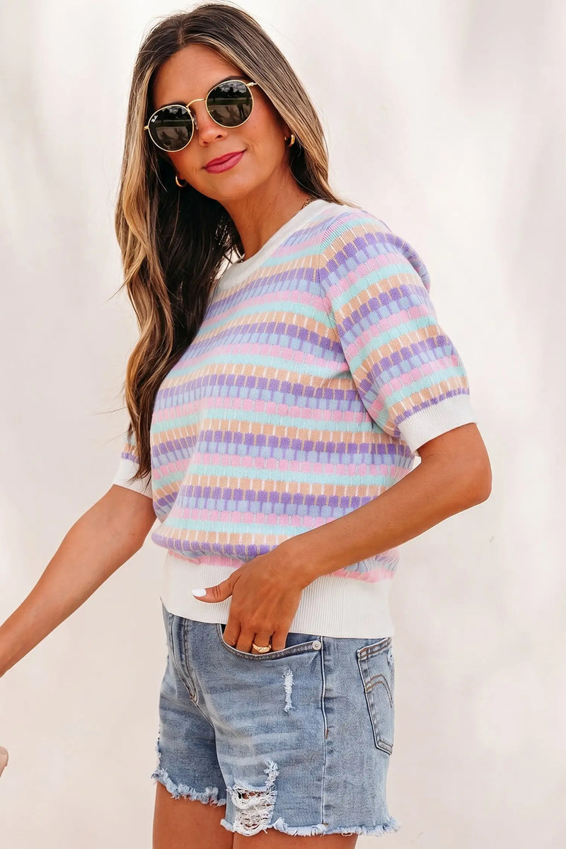 Abstract striped knit short sleeve sweater sweaters
