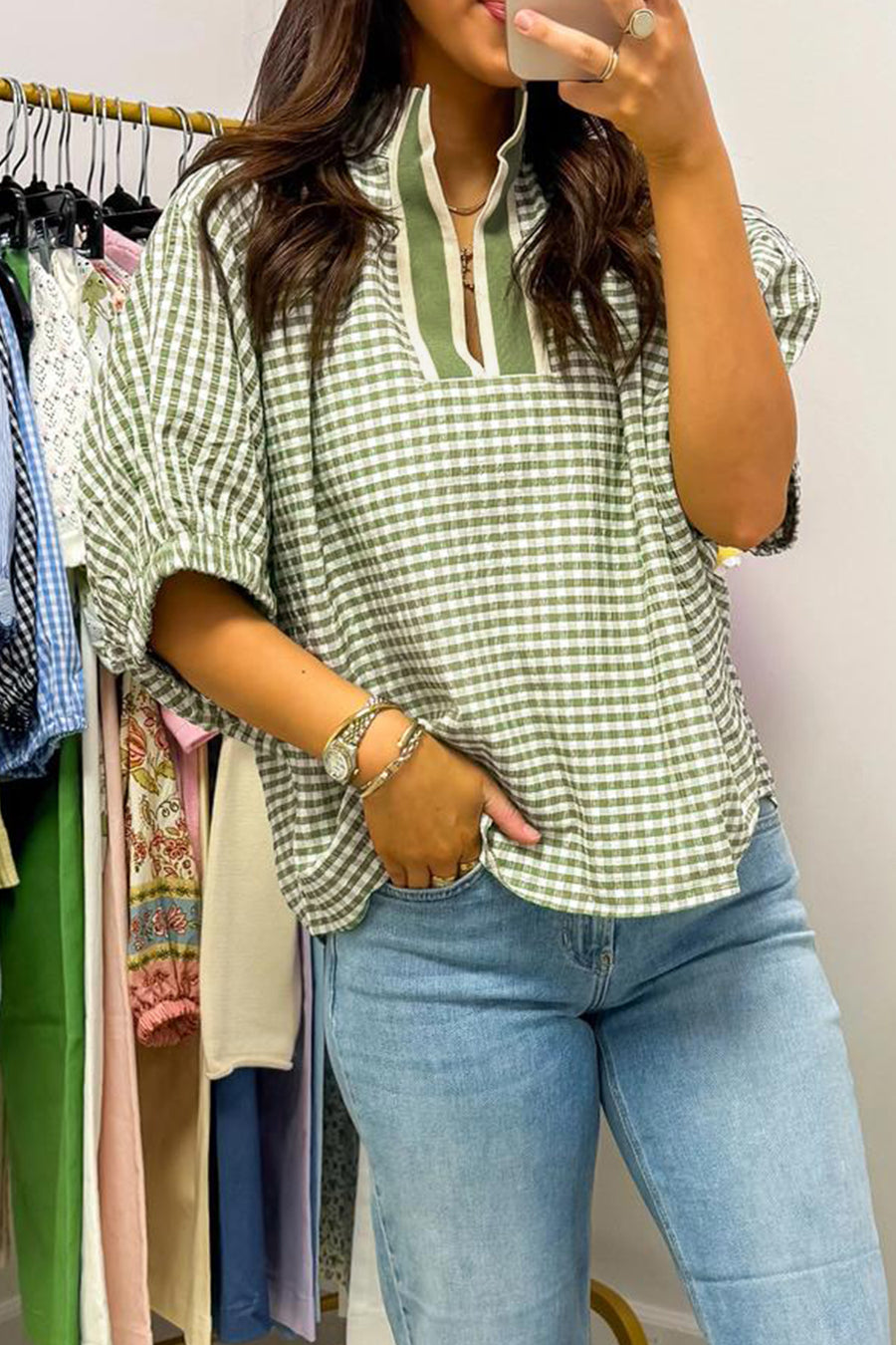 Plaid Colorblock Trim Split Neck Short Sleeve Tunic Blouse