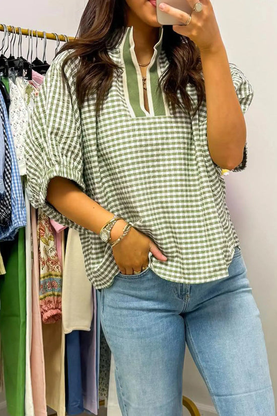 Green plaid short sleeve colorblock trim split neck blouse