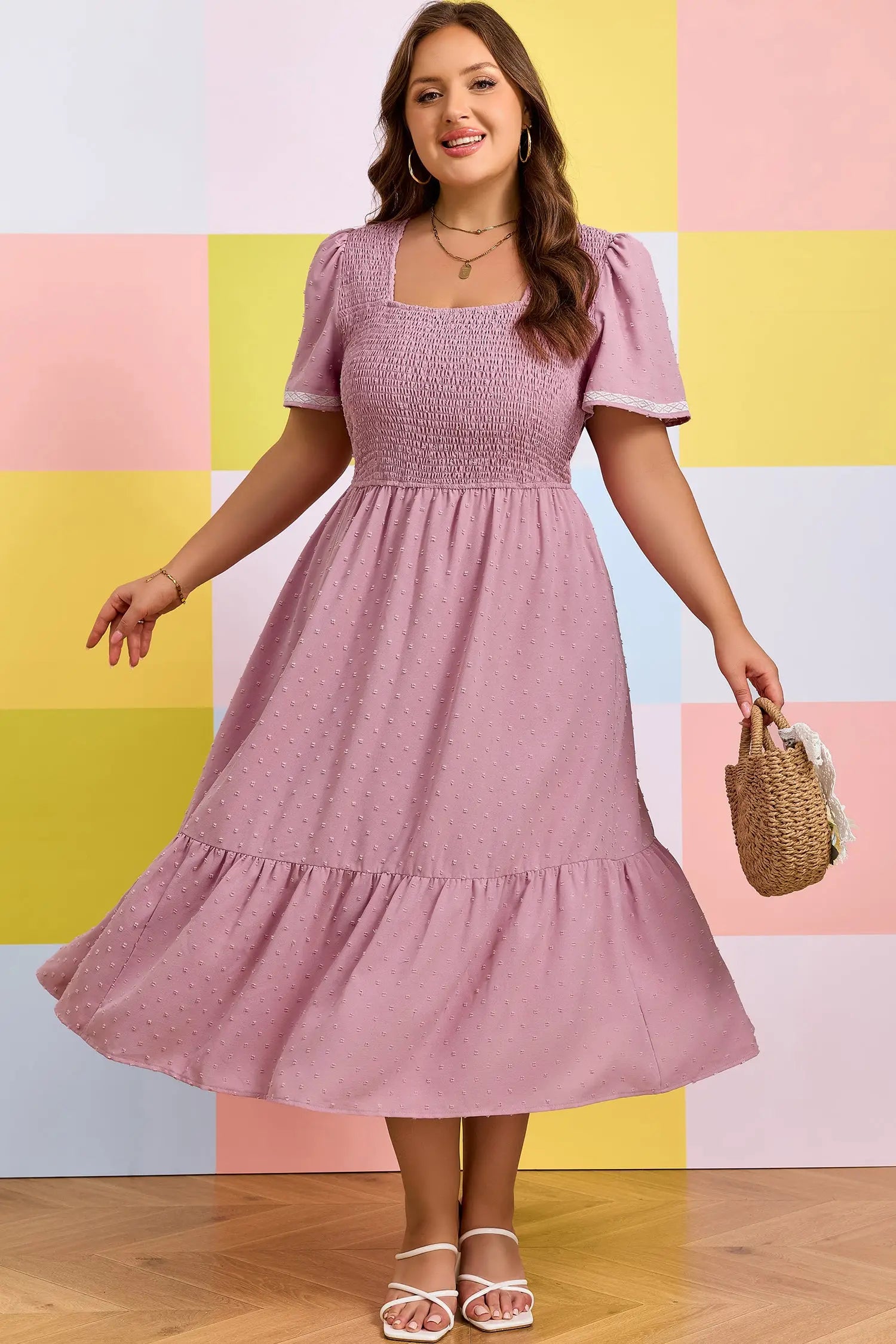 Curve swiss dot smocked midi dress dresses