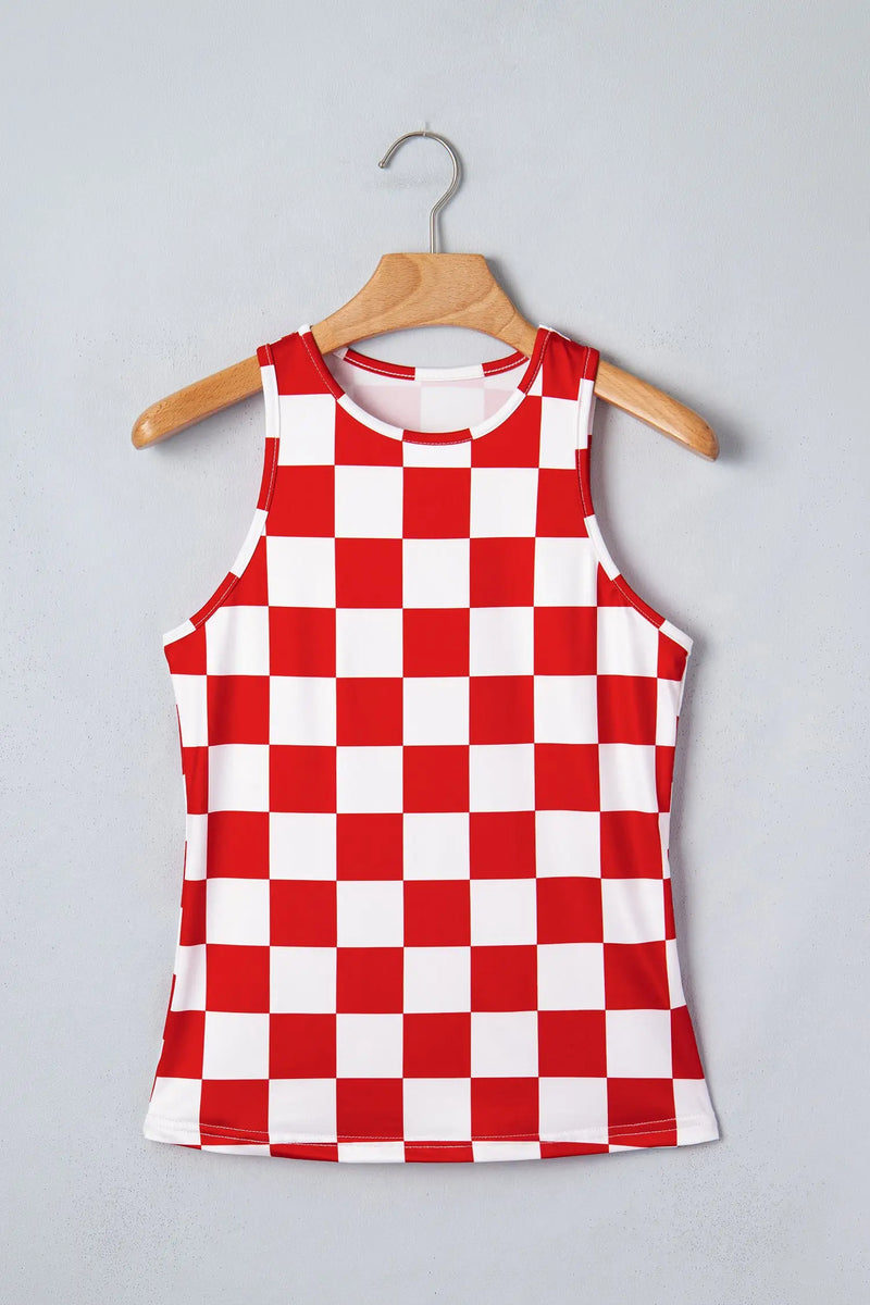 Checkerboard print slim fit sleeveless tank top tops