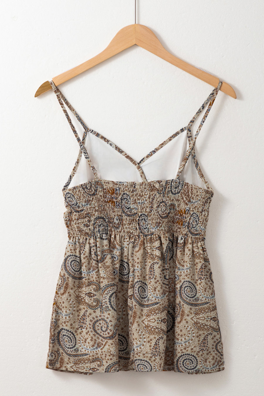 Khaki Paisley Printed Spaghetti Strap V Neck Smocked Babydoll Tank Top