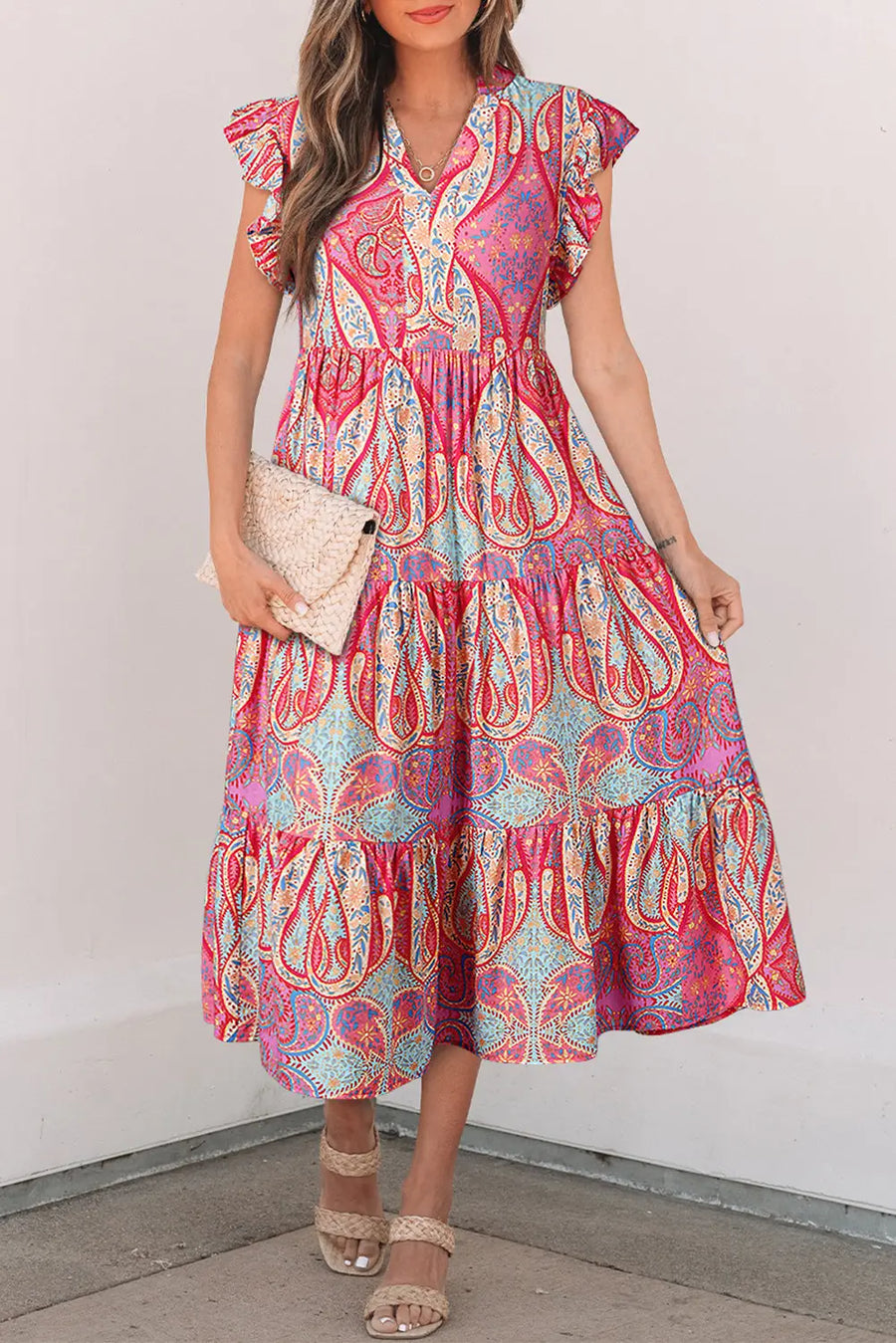 Rose Tribal Paisley Ruffled Sleeve Notch Neck Midi Dress Women UK