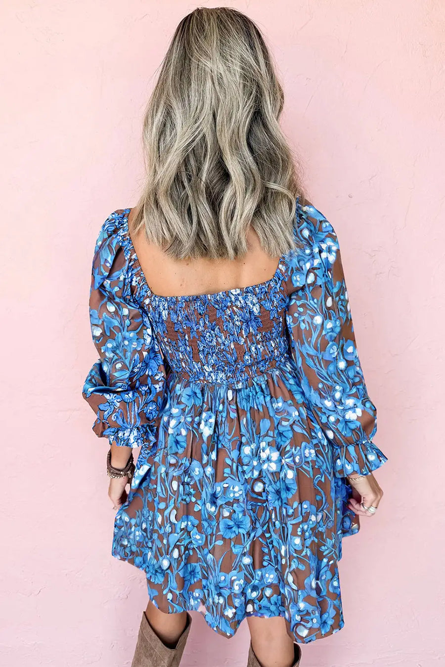 Blue Smocked Bodice High Waist Floral Ruffled Sleeve Maxi Dress Women UK