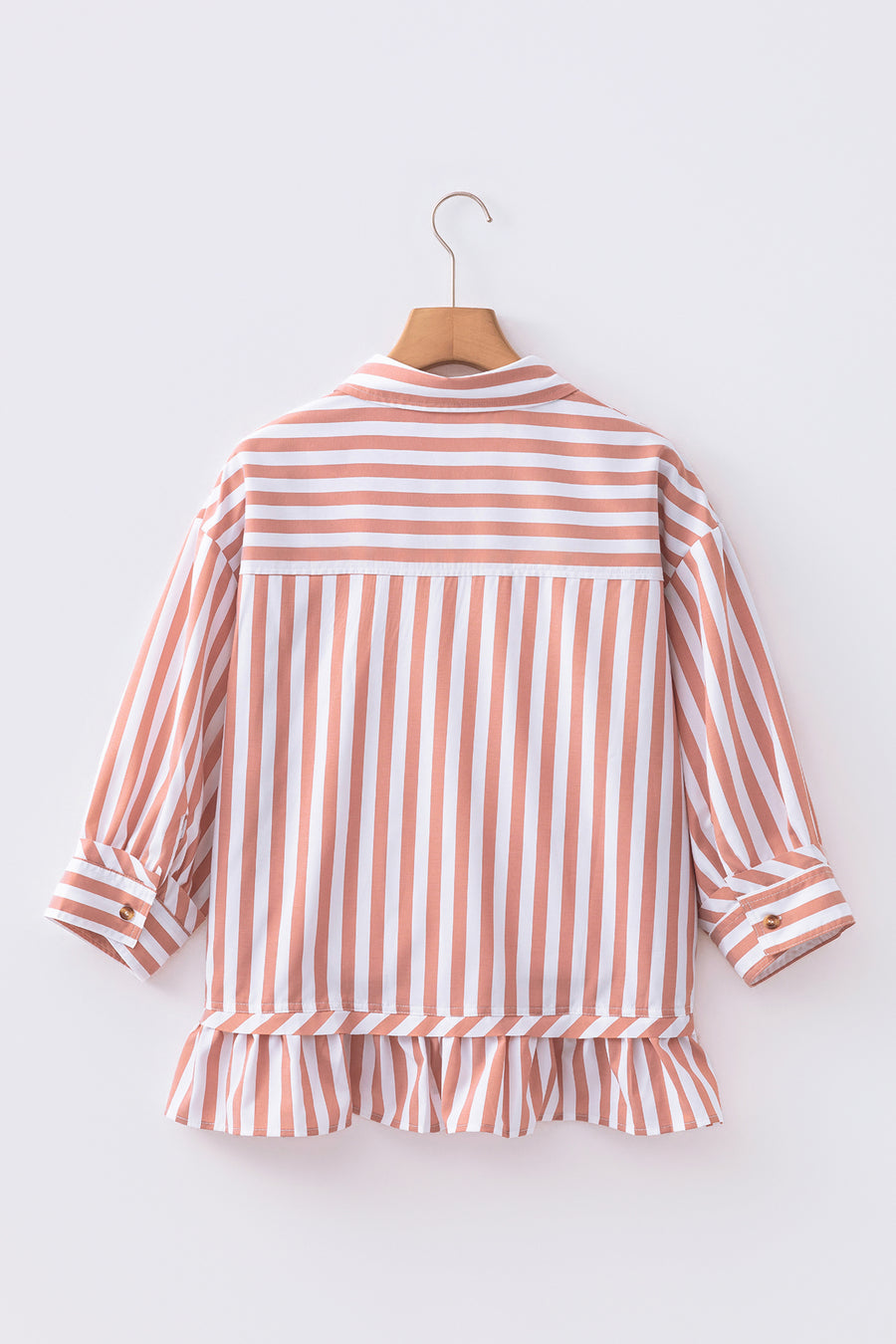 Stripe Button Front Ruffle Hem Bracelet Sleeve Shirt Women UK