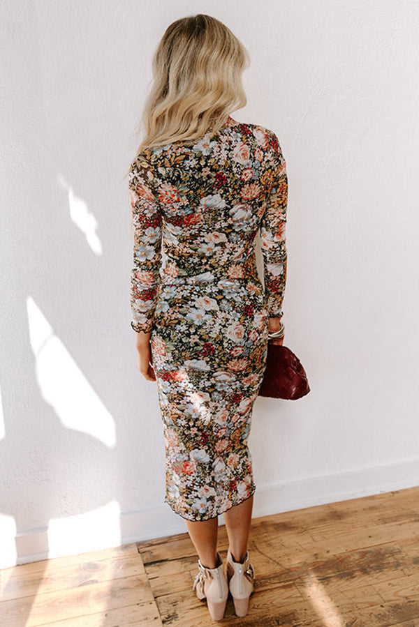 Brown floral bodycon midi dress — side view showing mock neck and long sleeves