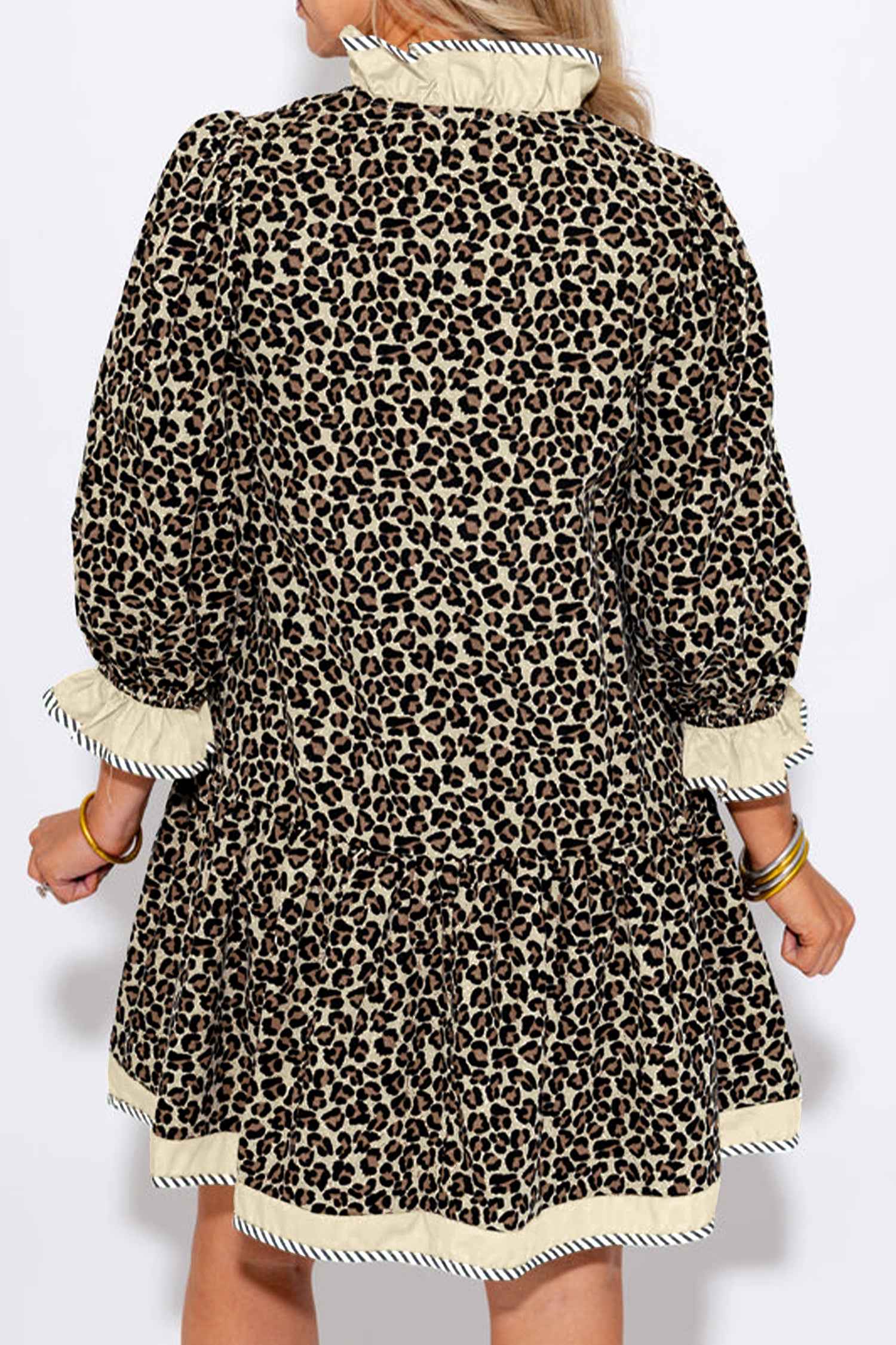 Back view of Leopard Print Striped Trim Mini Dress featuring ruffled collar and hem with contrast striped trim, ideal for daily wear.