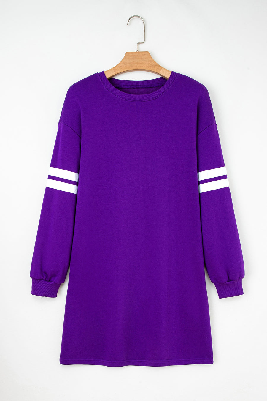 Varsity Contrast Banded Sleeve Sweatshirt Dress Mini Shift with Pockets — angled view | Fashionfitz UK