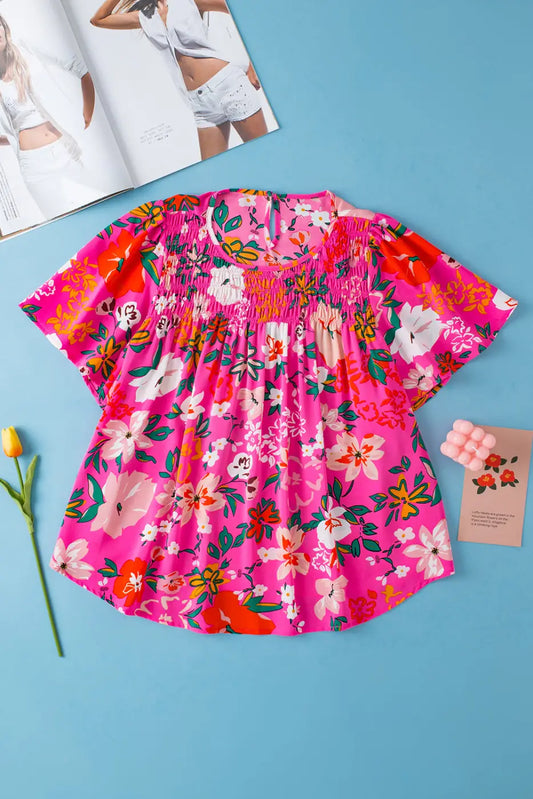 Smocked blouse - pink floral short sleeve | fashionfitz