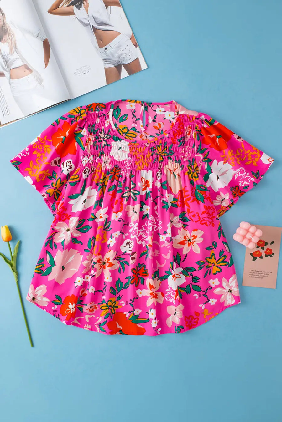 Pink Floral Smocked Short Sleeve Blouse Women UK — front view showing stretchy smocked bodice and vibrant pink floral print — Fashionfitz