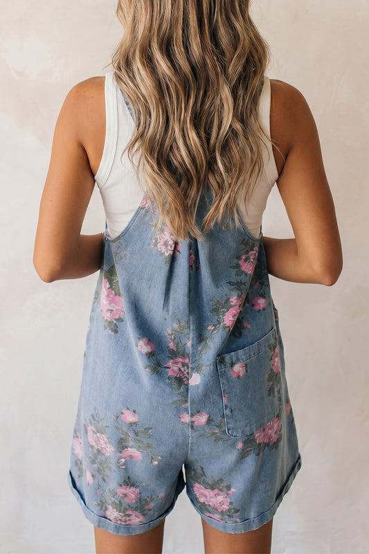 Floral Print Denim Shortalls Adjustable Straps Pockets Relaxed Fit