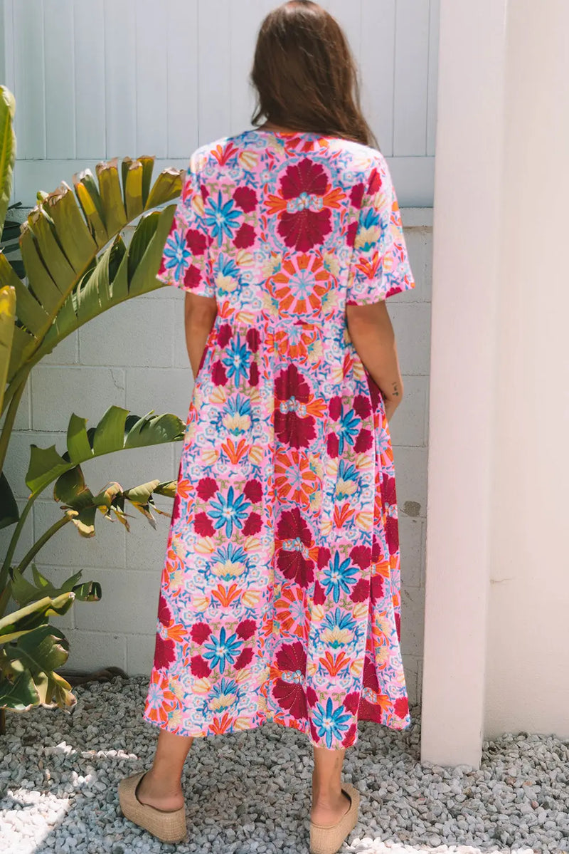 Rose Floral Tied Front High Waist Short Sleeve Maxi Dress Women UK
