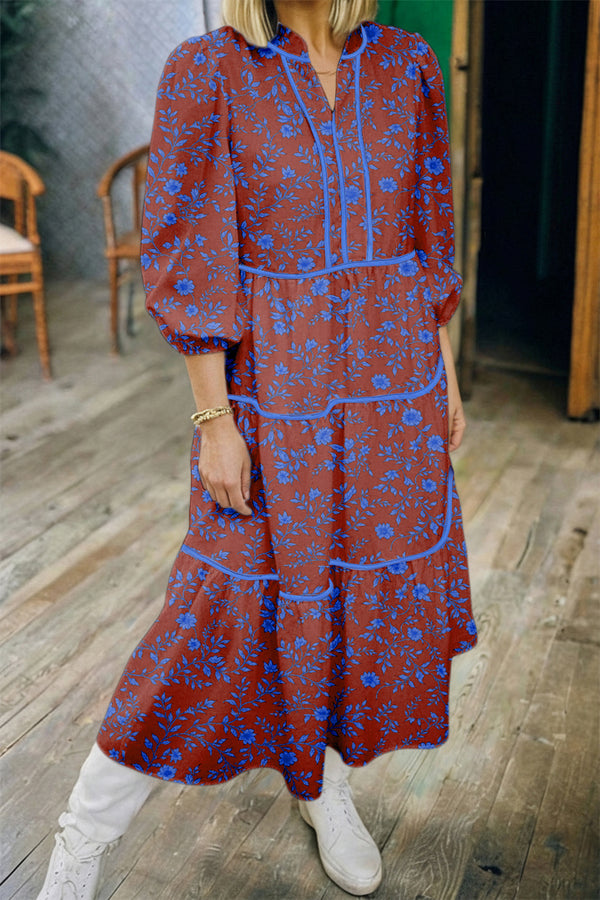 Brown tiered floral 3/4 puff sleeve loose dress women UK front view