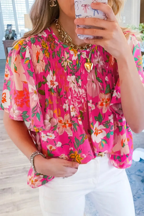 Smocked blouse - pink floral short sleeve | fashionfitz