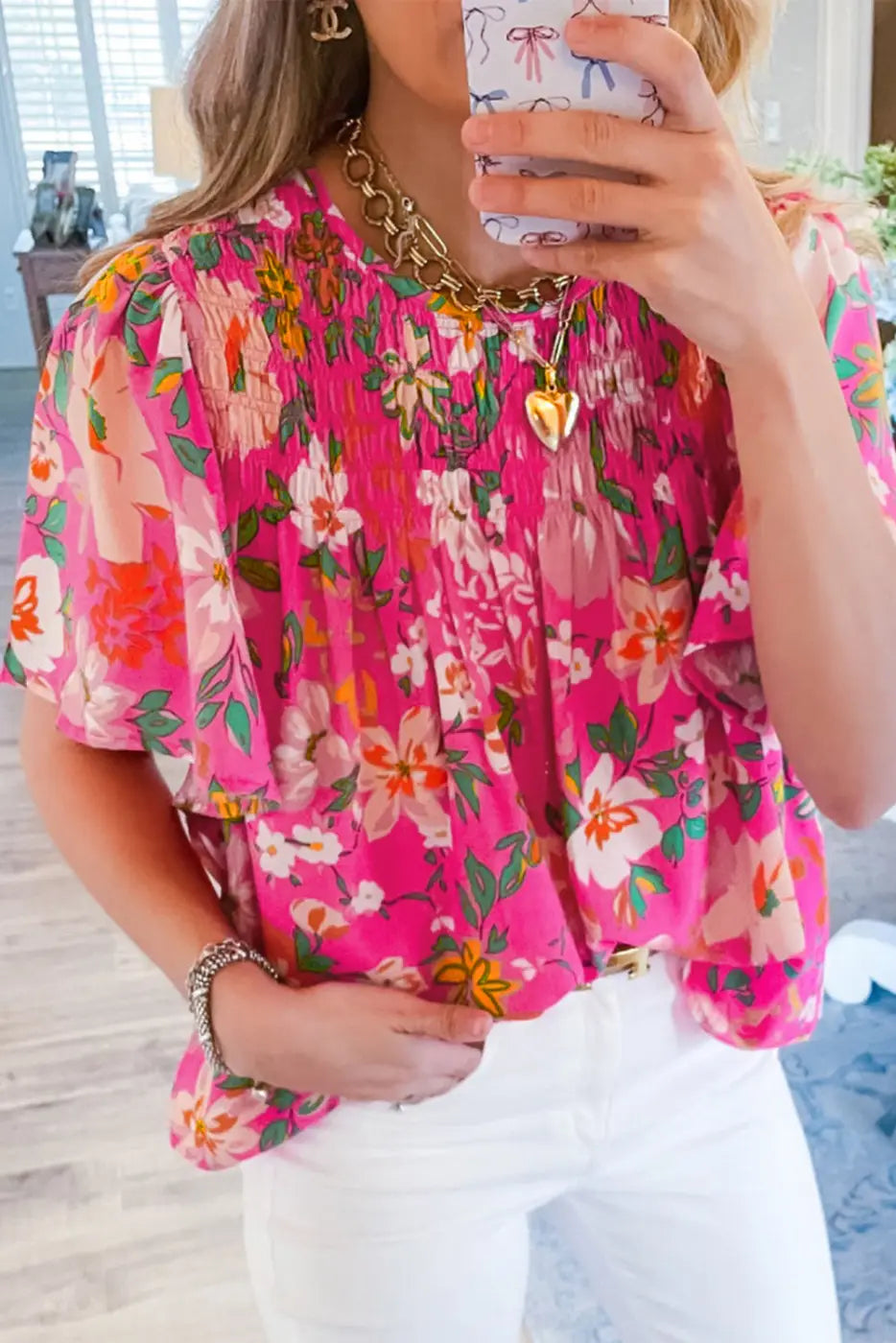 Smocked blouse - pink floral short sleeve | fashionfitz