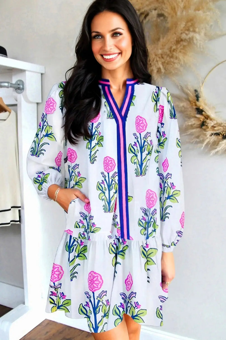 Sky Blue Floral Contrast Striped Notched Neck Dress Women UK — model shot
