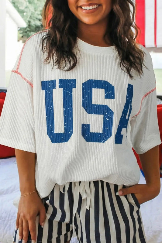 White usa graphic loose ribbed half sleeve top
