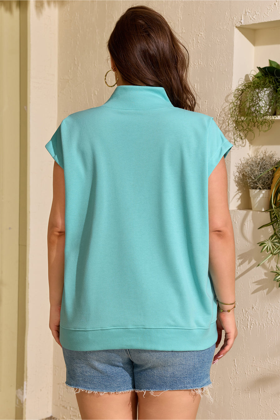 Mint green plus size tank top — side view showing cap sleeve and high neck