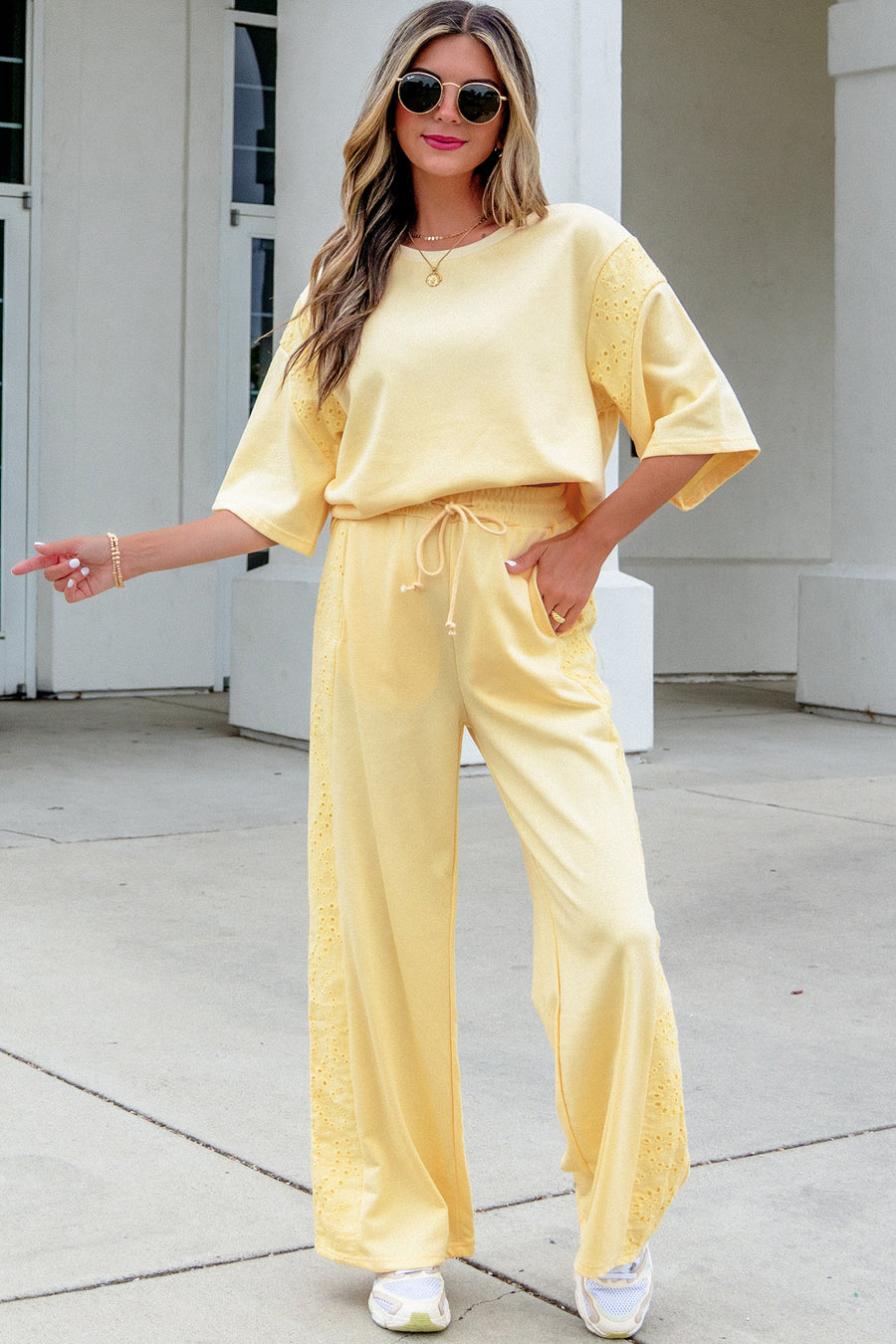 Lace Patchwork Half Sleeve Top & Wide Leg Pants Two Piece Set