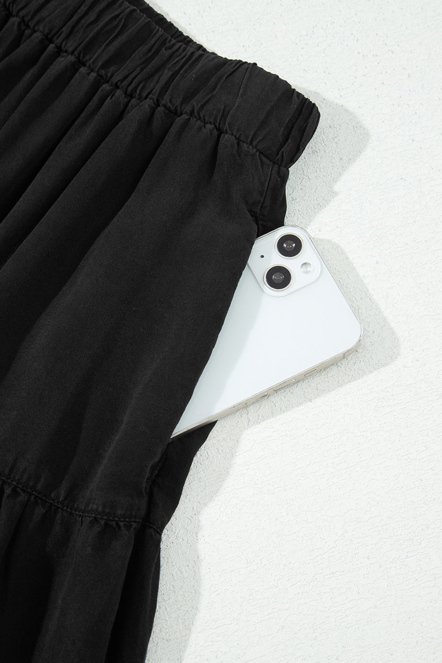 Black Elastic Waist Ruffled Tiered Flared Denim Maxi Skirt Women UK