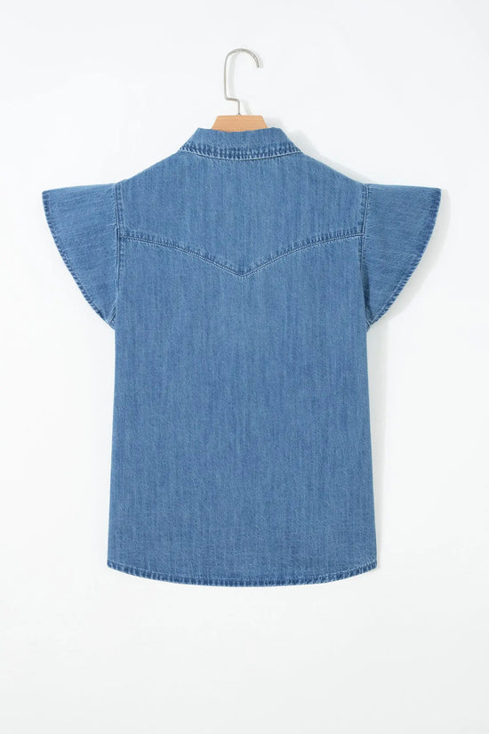 Dusk blue ruffled short sleeve denim shirt button down collar stitched yoke shirts