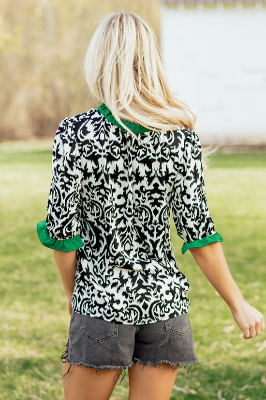 Damask Print Ruffled Colourblock Puff Sleeve Blouse Round Neck Shift
